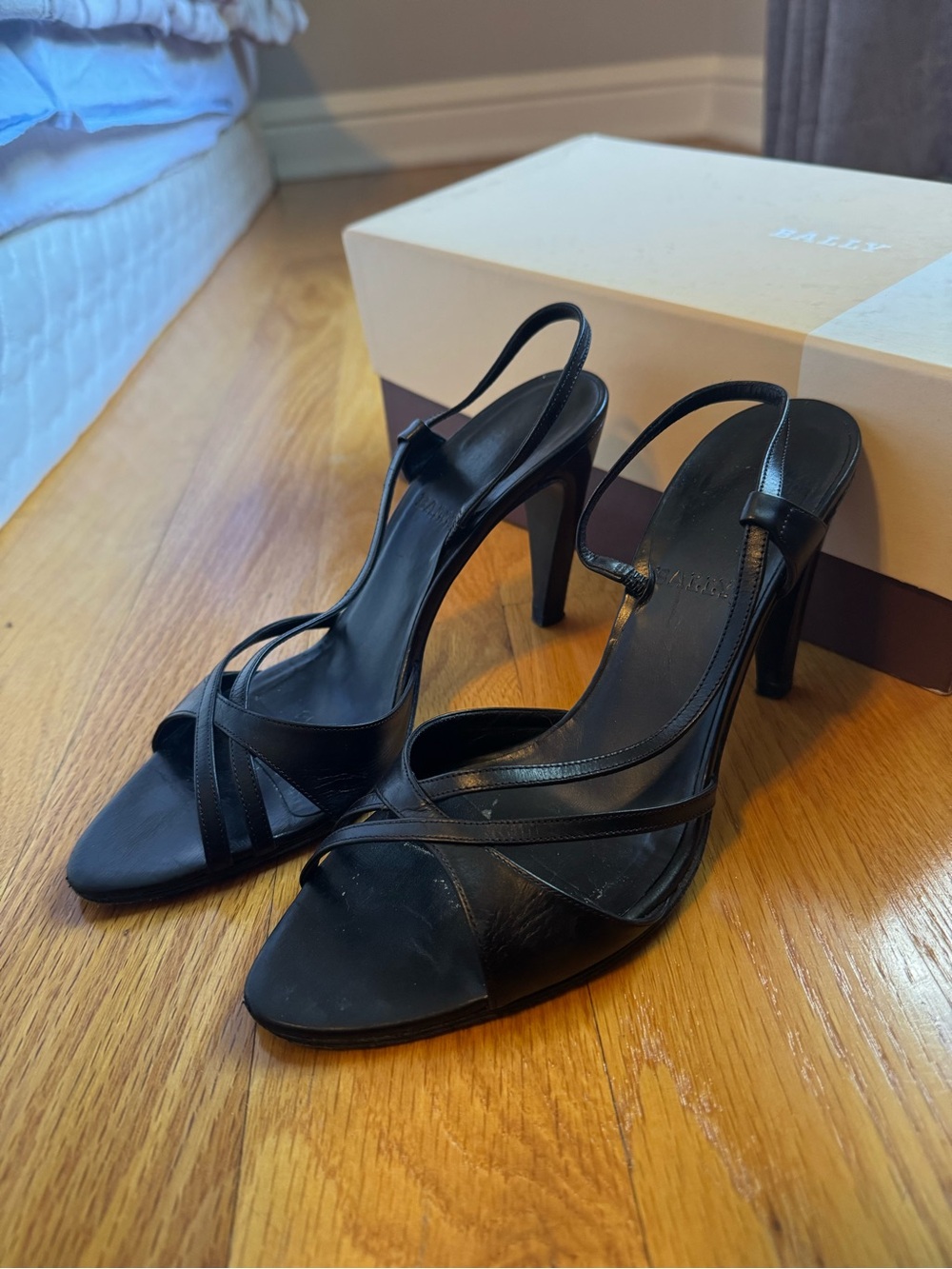 Bally Black Leather Cross-Strap Slingback Heels